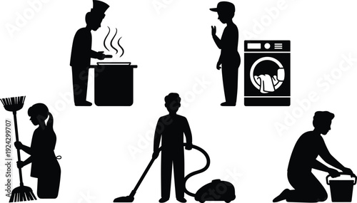 Household silhouettes illustration with cooking, cleaning, laundry, sweeping, vacuuming, domestic chores concept, black and white artwork design