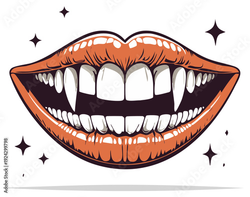 Fangs in Open Mouth of Vampire with Sparkling Stars