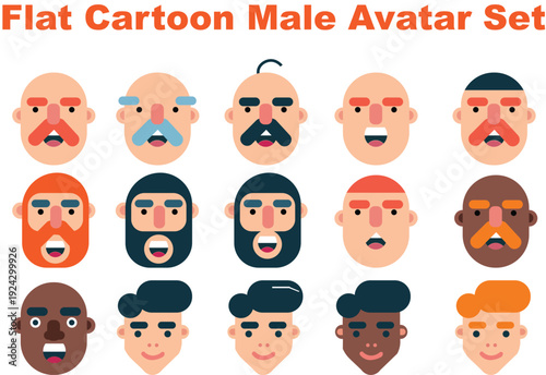 Flat Cartoon Male Avatar Set – Diverse Bearded and Bald Men Faces Vector Illustration