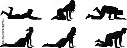 People silhouettes illustration with crawling poses, prone positions, expressive body movement concept, black and white artwork design