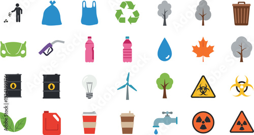 Eco environment and recycling icon set, waste management, renewable energy, pollution warning symbols isolated on white background illustration collection