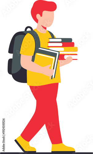 Boy with a backpack walks forward while clutching several colorful textbooks against his chest.