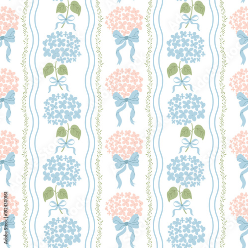 Preppy striped coquette seamless pattern. Elegant grandmillennial hydrangea flowers, ribbon bow wallpaper, textile design, repeat background, print, fabric. Vector blue and pink floral illustration.