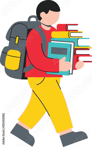 Male student walks across the frame carrying a heavy stack of textbooks and a large backpack.