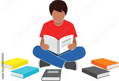 Boy with dark hair sits cross-legged surrounded by colorful study books on the floor.