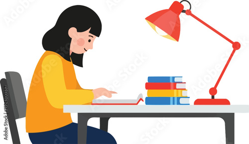 Young female student diligently studies at a desk illuminated by a bright red desk lamp while reading a book.