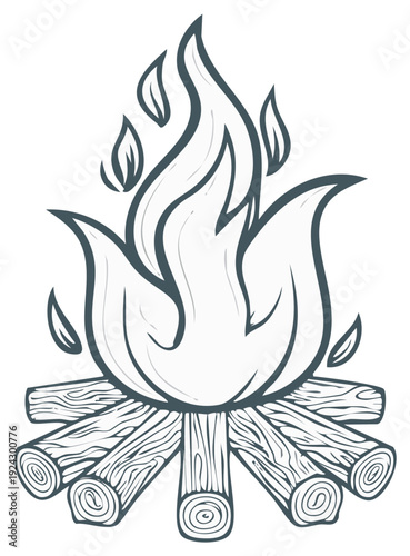 Stylized Illustration of a Bonfire with Flames and Burning Logs Symbolizing Warmth and Camping Adventure