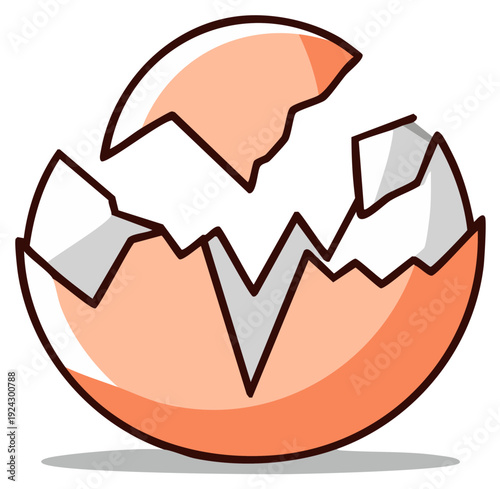 Cracked eggshell cartoon illustration, broken shell with shadow