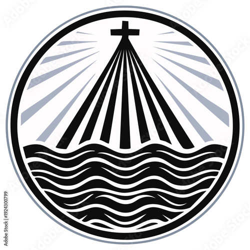 Christian cross and rays of light above stylized waves in a circular emblem