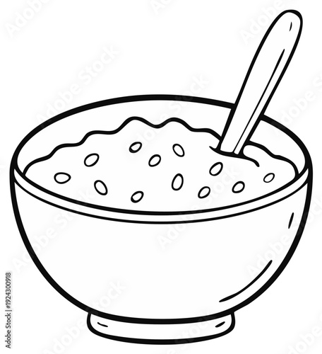 Simple black and white illustration of a bowl of porridge with a spoon inside