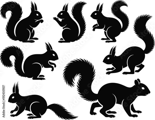 Squirrel silhouettes illustration with bushy tails, diverse poses, wildlife animal concept, nature design, black and white artwork composition