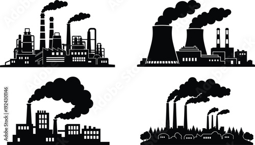 Industrial factory pollution silhouette set, power plant with smokestacks emitting smoke isolated on white background environmental contamination illustration concept