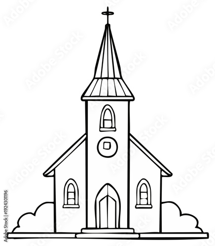 Simple Hand Drawn Church Building with Steeple and Cross Illustration