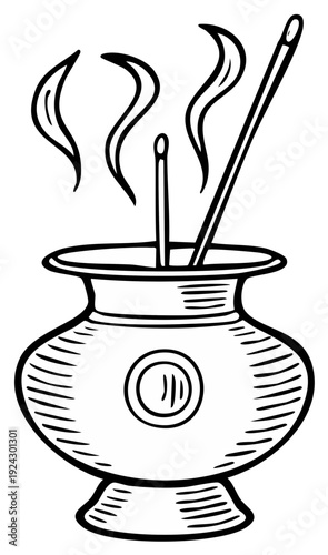 Hand drawn incense holder with smoke and incense sticks emitting aroma