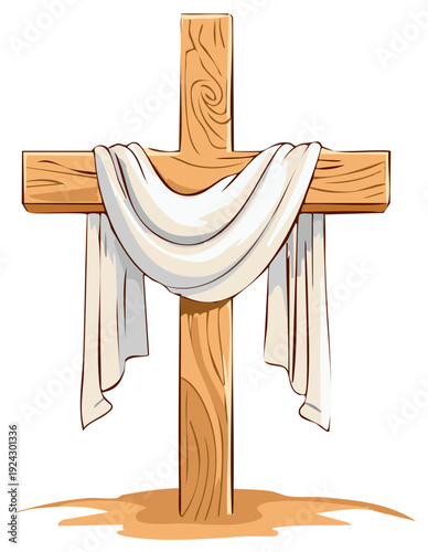 Wooden cross with white cloth, religious symbol, illustration style vector