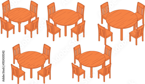 Isometric wooden dining table and chairs set, round furniture collection isolated on white background, home interior vector illustration