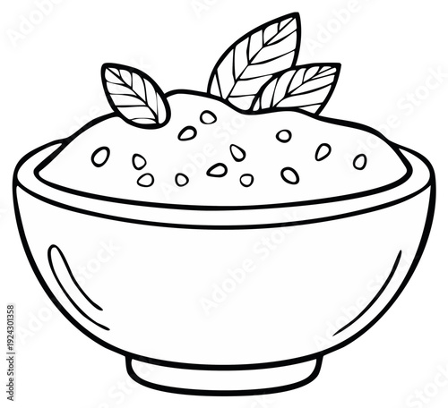 Hand drawn line art illustration of a bowl filled with creamy dip or spread garnished with fresh leaves