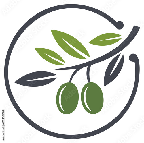 Stylized Olive Branch Icon within a Circle for Healthy Eating and Beauty Products