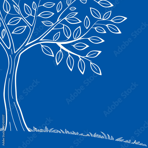 A minimalist illustration of a tree with leaves on blue background, simple white line drawing, symbolizing nature and serenity in a peaceful environment always.