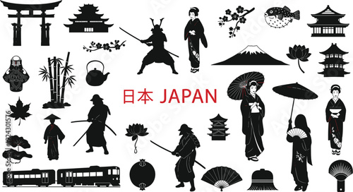 Japan culture silhouette collection, traditional Japanese icons with samurai, geisha, torii gate, pagoda, Mount Fuji isolated on white background illustration