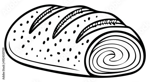 Black and white line art illustration of a rustic baked bread loaf with scoring and seeds