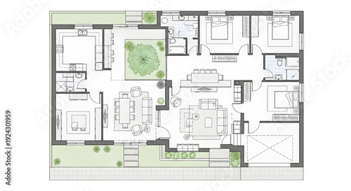 House Design Plan Top View – Detailed Residential Floor Layout with Courtyard