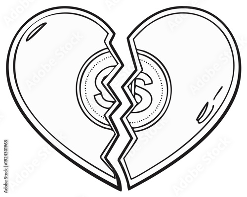 Broken Heart with Coin Symbolizing Financial Loss or Economic Hardship