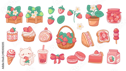 Kawaii strawberry element set. Vector illustrations of strawberry plant, tasty foods, strawberry drinks. Cute icons, stickers in Japanese style