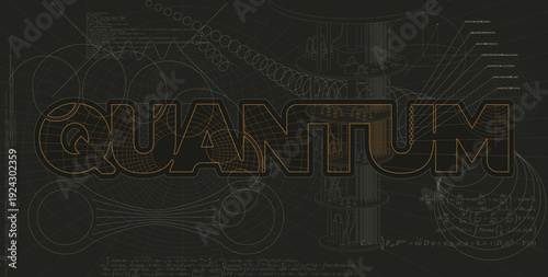 Quantum word against a background representing formulas and technological elements.