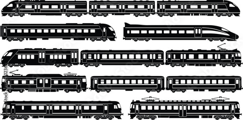 Train silhouette collection, modern passenger and high speed railway carriages isolated on white background transportation illustration set design