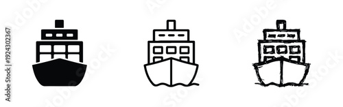 Cargo Ship Icon Set - Three Styles of Solid, Outline, and Hand-Drawn Maritime Transport Symbol, Vector Illustration