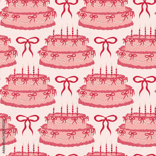 Seamless pattern with flat birthday cake, candles and bows. Coquette cake design for birthday party. Repeat printable tile for fabric and paper