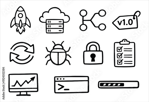 Hand-Drawn Software Development and IT Icons Set - Coding, Cloud, Security, and Project Management Symbols