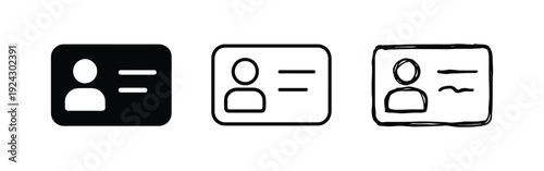 User ID Card Icon Set - Three Styles of Solid, Outline, and Hand-Drawn Profile Symbols, Vector Illustration