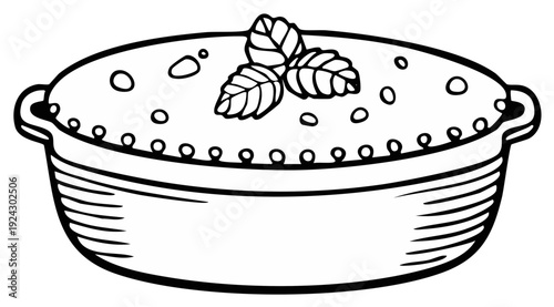 Baked Dish Graphic with Basil Garnish in a Casserole Food Image for Culinary Design Illustrations Black and White Artwork