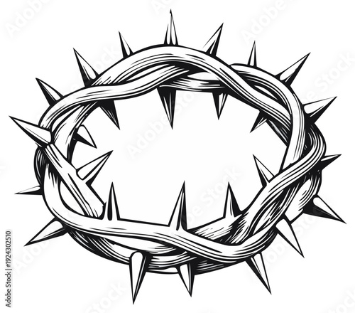 A realistic hand drawn illustration of a crown of thorns in black and white