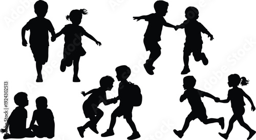 Children silhouettes illustration with playful interactions, running, jumping, sitting, handshakes, companionship concept, black and white artwork design