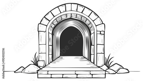 Mysterious Stone Archway Leading to Dark Tunnel or Passage Hand Drawn Illustration