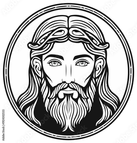 Illustration of religious figure with long hair and beard in circular frame