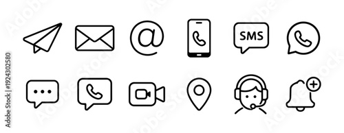 Communication and Contact Methods Line Icons Set Minimal Black Outline