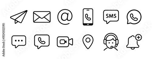 Communication and Contact Methods Line Icons Set Minimal Black Outline