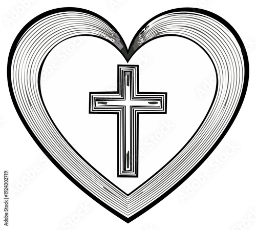 Christian faith in symbolic heart shape and simple crucifix, showing religion, love, faith, spirituality, and hope icon symbol