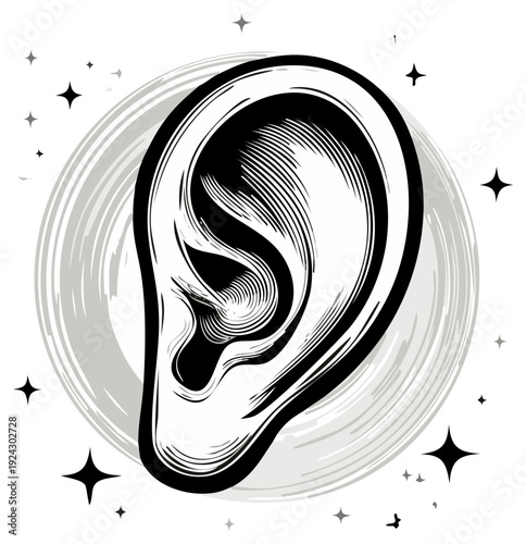 Monochrome Detailed Illustration of a Human Ear with Radial Shading and Stars