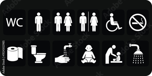 Collection of black and white for public restrooms and facilities on a dark background baby male des