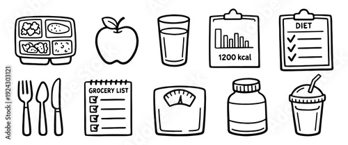 Diet and Nutrition Planning Icon Set with Healthy Food, Calorie Tracking, and Grocery List