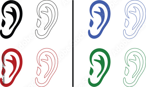 human ear icon isolated on white background, vector illustration of anatomical ear in solid and outline styles with multiple colors for medical, hearing, and sensory concepts.