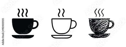 Hot Coffee Cup Icons Set in Solid, Outline, and Hand-Drawn Styles