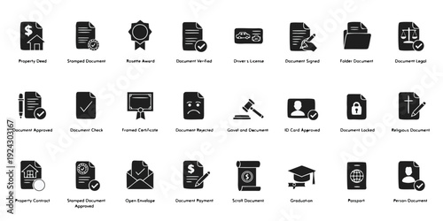 Black and white representing various legal and official documents and certifications contract