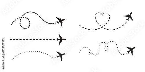Airplane flight paths with dotted lines and airplane on a white background showing various routes