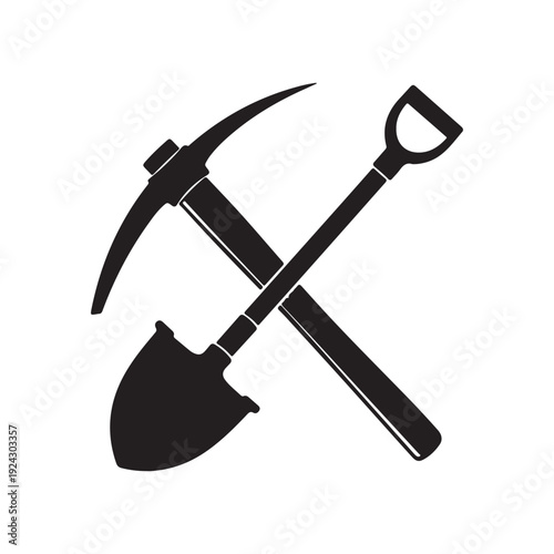 Crossed miner pickaxe and shovel icon. Silhouette of mining tools for construction, excavation, digging, or manual labor. Vector illustration, isolated.
